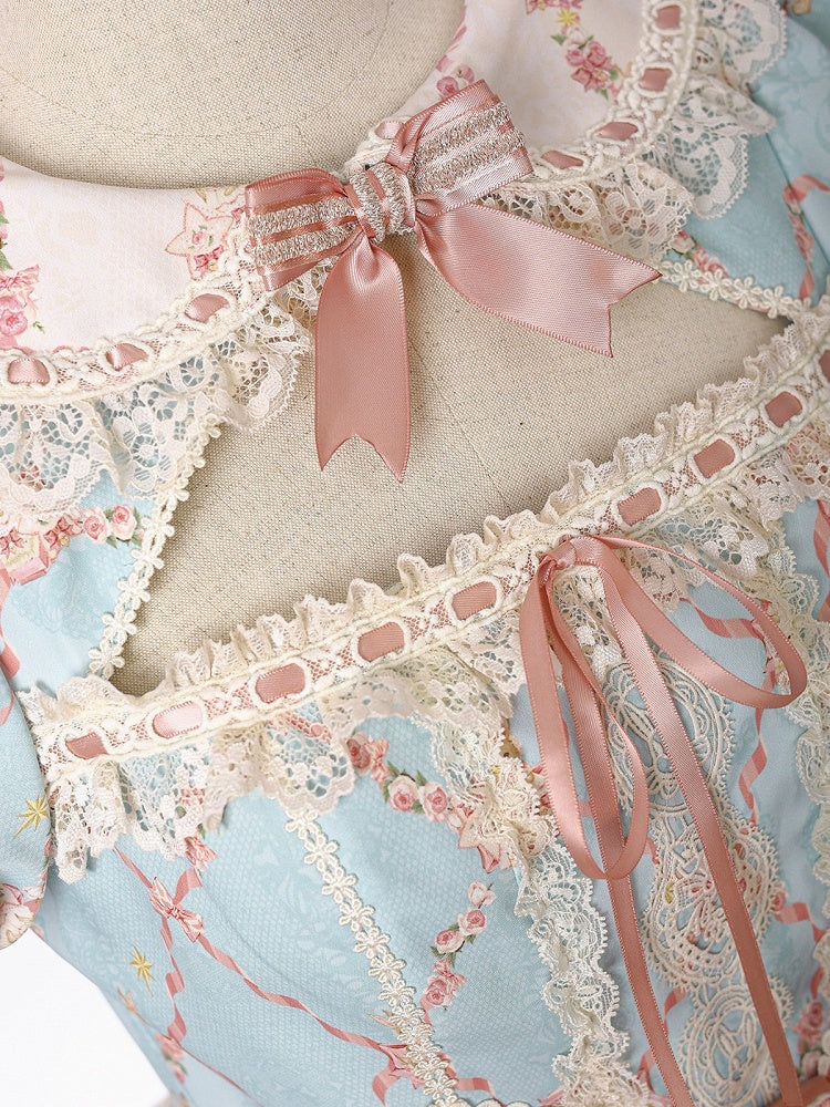 Peter Pan Collar Short-Sleeve OP Dress in Sweet Blue & Pink with Toy Bed Print - Alice Girl