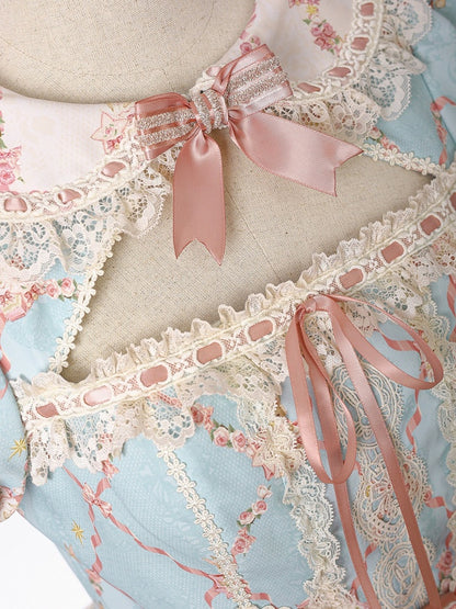 Peter Pan Collar Short-Sleeve OP Dress in Sweet Blue & Pink with Toy Bed Print - Alice Girl