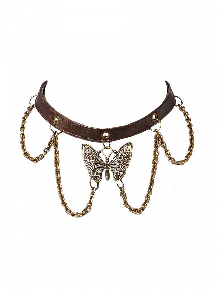 Choker PU Light Decorated Butterfly Chains Wasteland Punk Brown