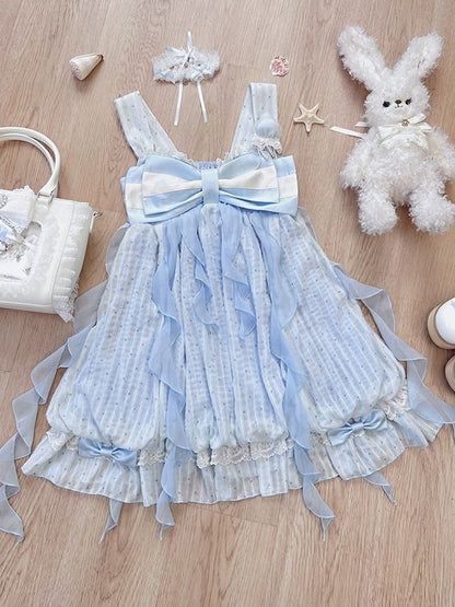 Blue Polka Dot Bow Sleeveless Bubble Dress with Lace - Tan Tuan