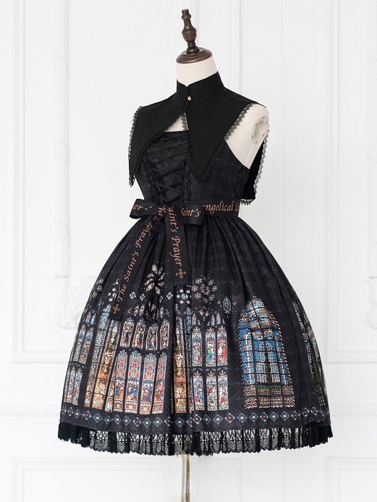 Print Window Church Short Stained Detachable Black Version Collar Dress Lolita with Gothic