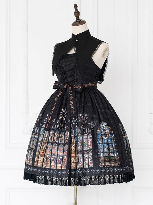 Print Window Church Short Stained Detachable Black Version Collar Dress Lolita with Gothic