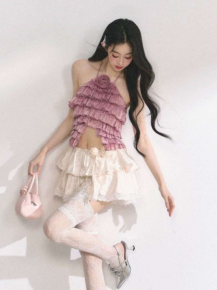 Halter Neck Top Apricot/Pink Decorated Tiered Ruffles Floral