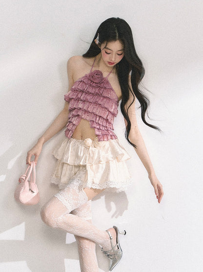 Halter Neck Top Apricot/Pink Decorated Tiered Ruffles Floral