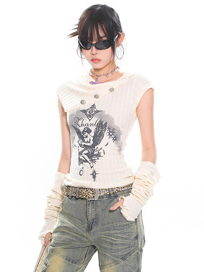 Collar Daily Knit T-shirt with Angel Print Asymmetrical Kawaii Beige