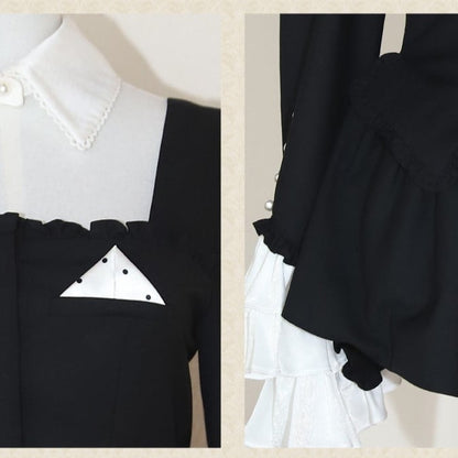 Retro Black Blazer & Polka Dot Skirt Ensemble with Bow Accents and Detachable Collar - Charing Cross