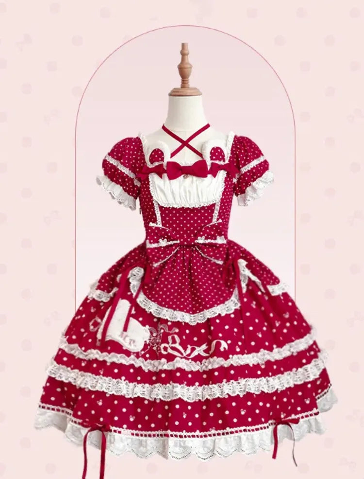 Red Pattern Neckline Plush Sweet Polka Dots Square Bunny Lolita Dress Ears