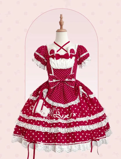 Red Pattern Neckline Plush Sweet Polka Dots Square Bunny Lolita Dress Ears