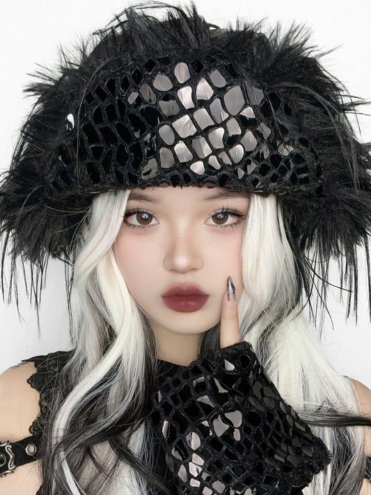 Black Gothic Snake Skin Shaggy Winter Hat