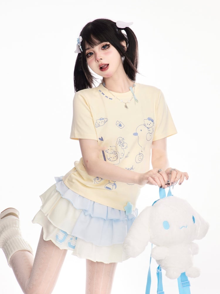 ウエストバンドブルーミニとホワイトウエストポイントカラーブロックティアードデザインスカート