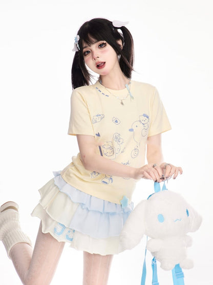 ウエストバンドブルーミニとホワイトウエストポイントカラーブロックティアードデザインスカート