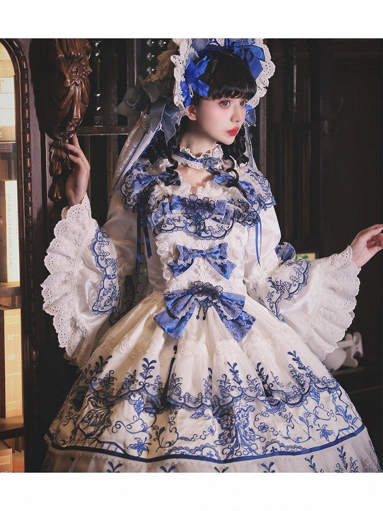 Blue Floral Embroidered Lace Short Sleeve One-Piece - Bramble Rose