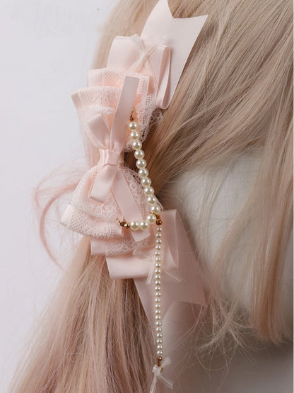 Pink Sweet Hairclip Bowknot Lolita Lace Pearl