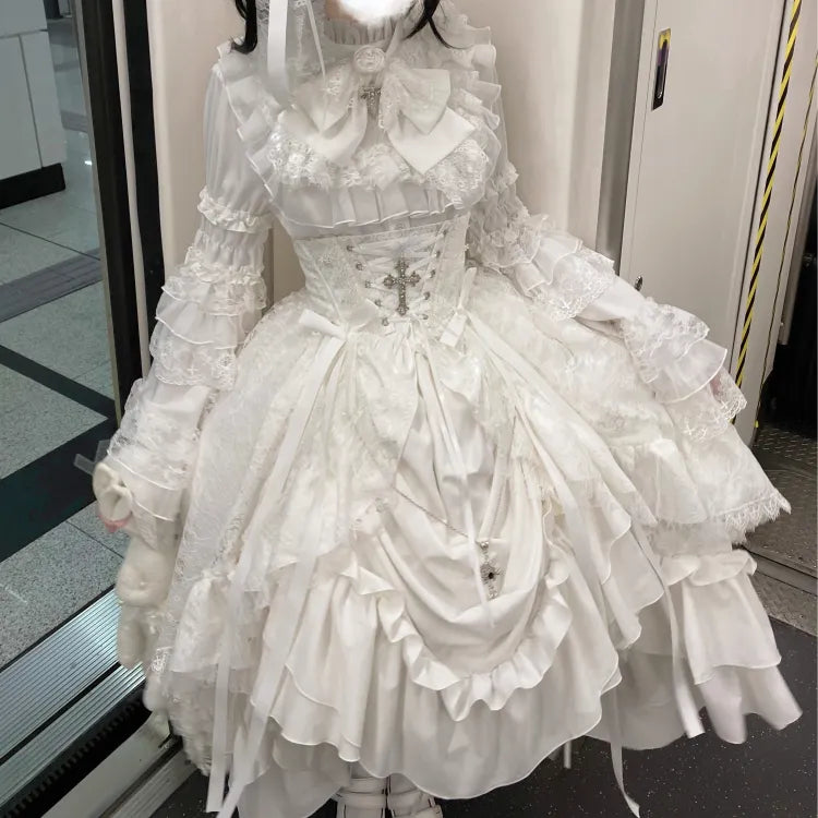 Under Boned Corset Gothic Lolita White Skirt Drawstring / Waist