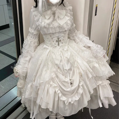 Under Boned Corset Gothic Lolita White Skirt Drawstring / Waist