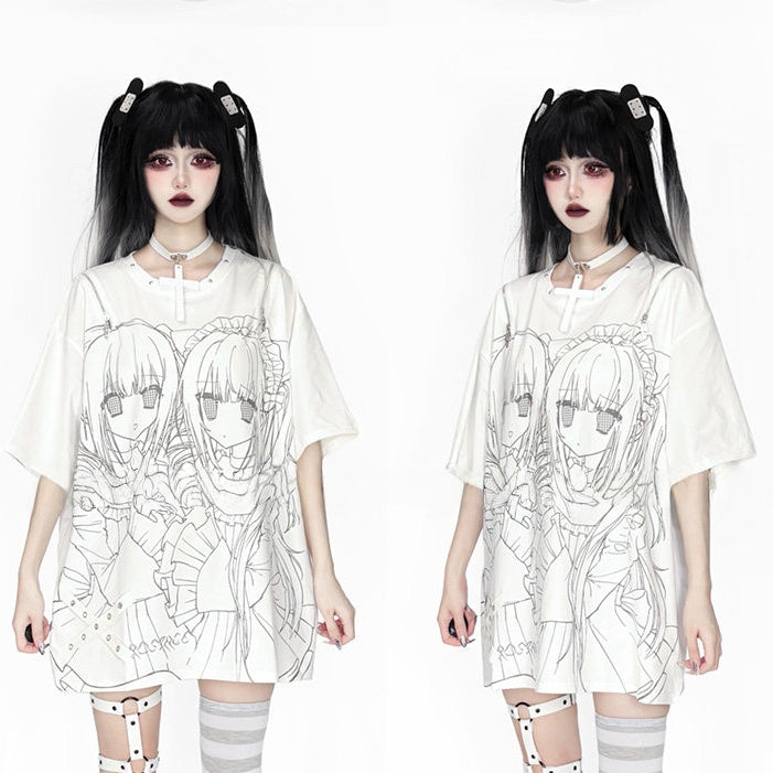 Girl Short-Sleeve Gray Cutout Top Landmine Shoulder White Printed Style