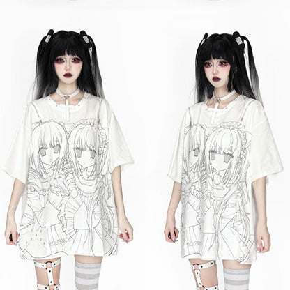 Girl Short-Sleeve Gray Cutout Top Landmine Shoulder White Printed Style