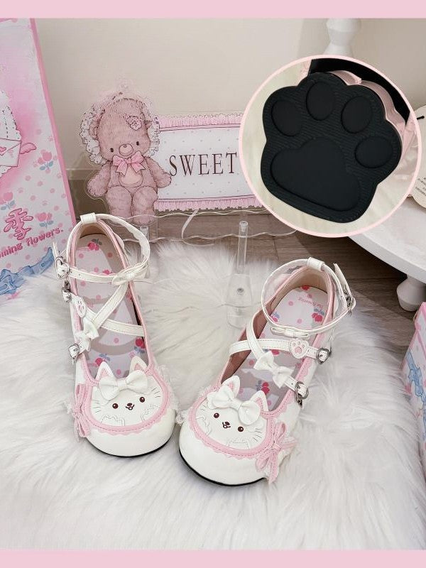 Decor in Shoes Leather White Sweet Mid-heel - Cat PU Lolita