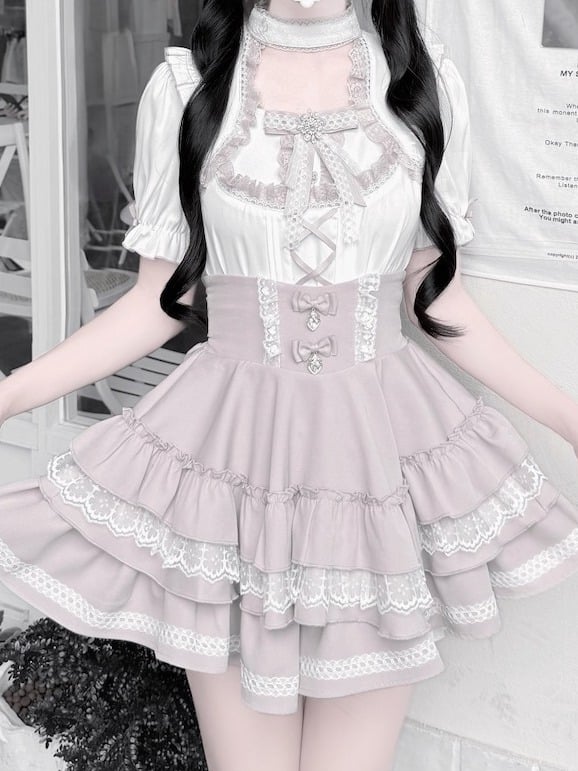 Pink and White Ruffle Sleeve Blouse with Lace, Bow and Choker Accents - GingaU