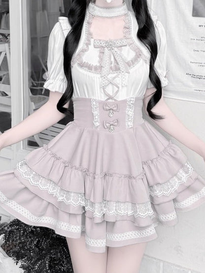 Pink and White Ruffle Sleeve Blouse with Lace, Bow and Choker Accents - GingaU