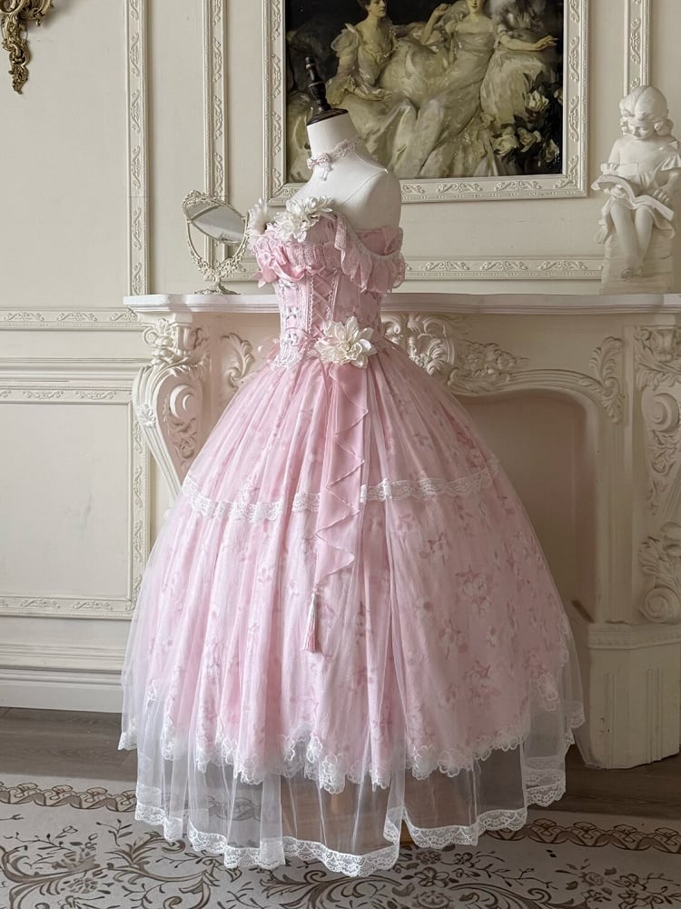 with Long Version Pink Jasmine-Embellished Buttons Top + Print Lolita Skirt Corset Frog Floral