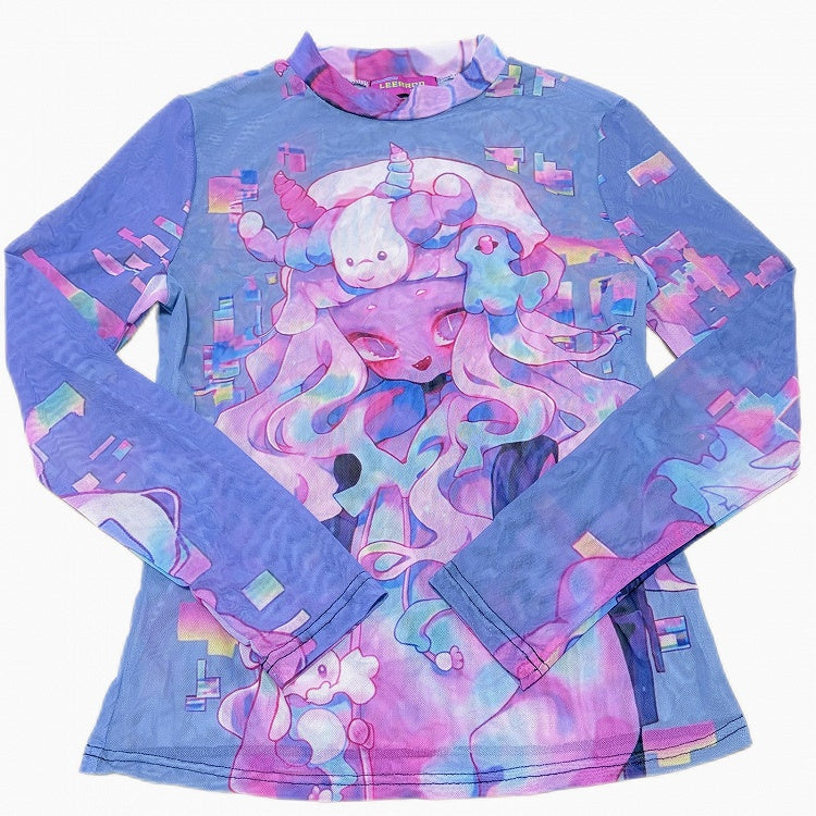 Colorful Y2K Long Print Sleeves Top Sun Semi-sheer Protection Cartoon