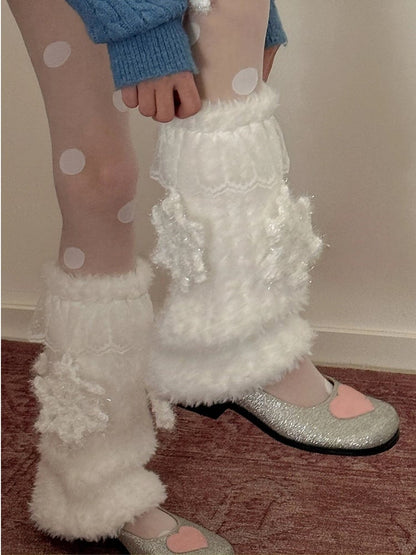 6 jambières blanches flocon de neige avec appliqués pelucheux