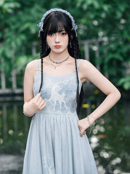 Blue Chiffon Cami Dress with Deer Print & Asymmetric Hem - Quirky Hut