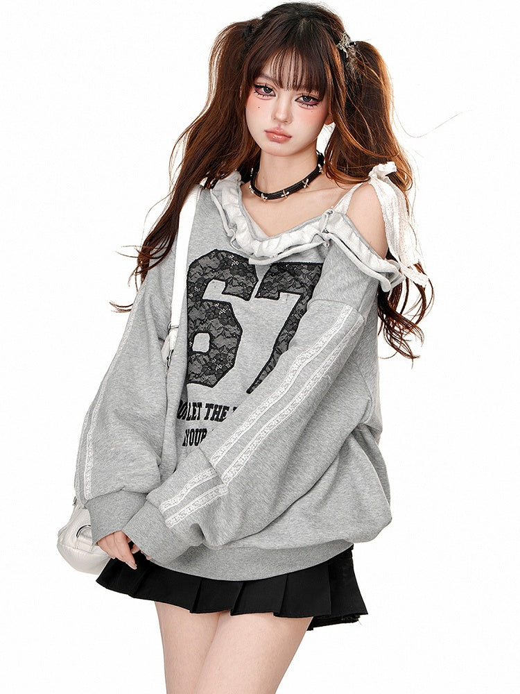 ブラック/グレー レースアップリケ アシンメトリーネックライン スウェットシャツ