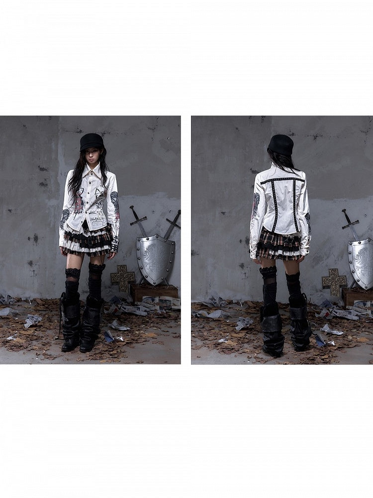 Straps Punk Beige Hand-Drawn with Motifs Back Shirt Vintage Studded