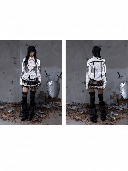 Straps Punk Beige Hand-Drawn with Motifs Back Shirt Vintage Studded