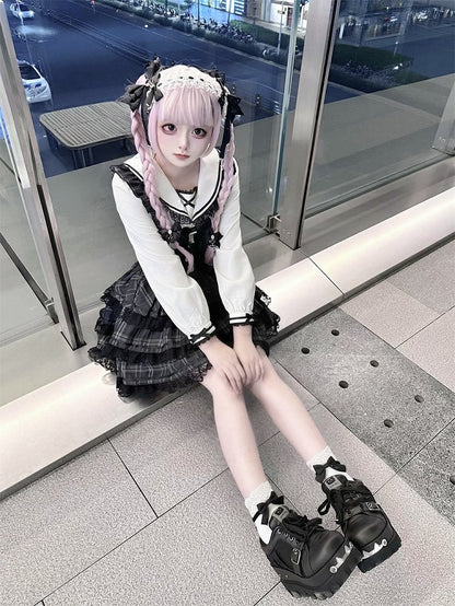 Blouse with Long White Sleeve Style Landmine Lace-Trimmed Sailor Collar Black