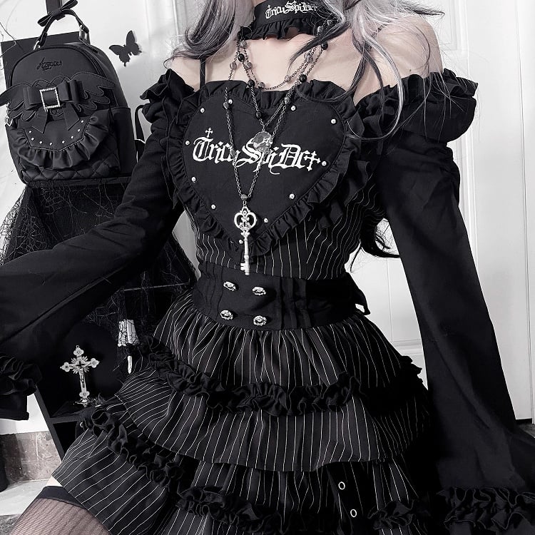 オフショルダーのレターネックラインプリントベルブラックスリーブストライプゴシックドレス