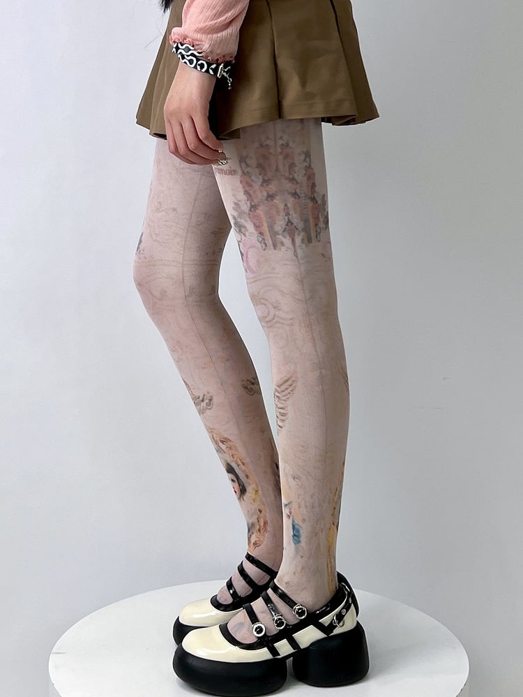 Girl Print Cat Cartoon Nude Tights And