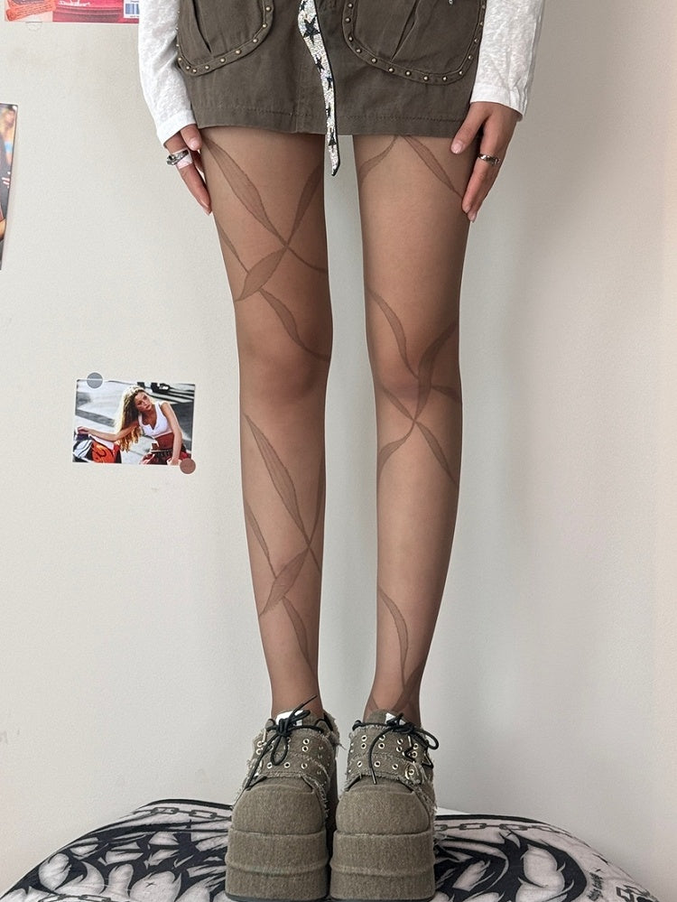 Ribbon Print Tights Black/Whiye/Brown/Gray