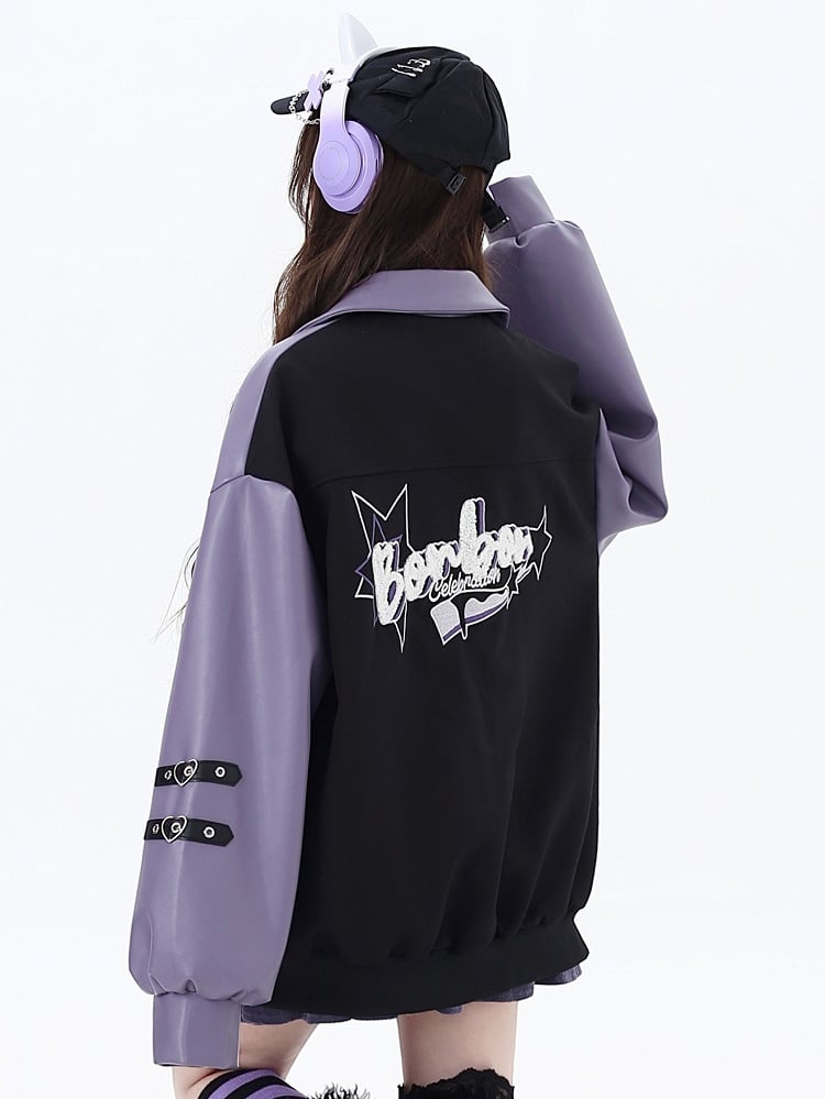 Sleeve Straps Baseball Buckle Embroidery Heart Jacket Purple with Graffiti Black PU