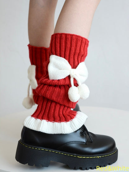 5 Colors Bowknot Ruffled Knitted Leg Warmers with Pom-Pom Decorations