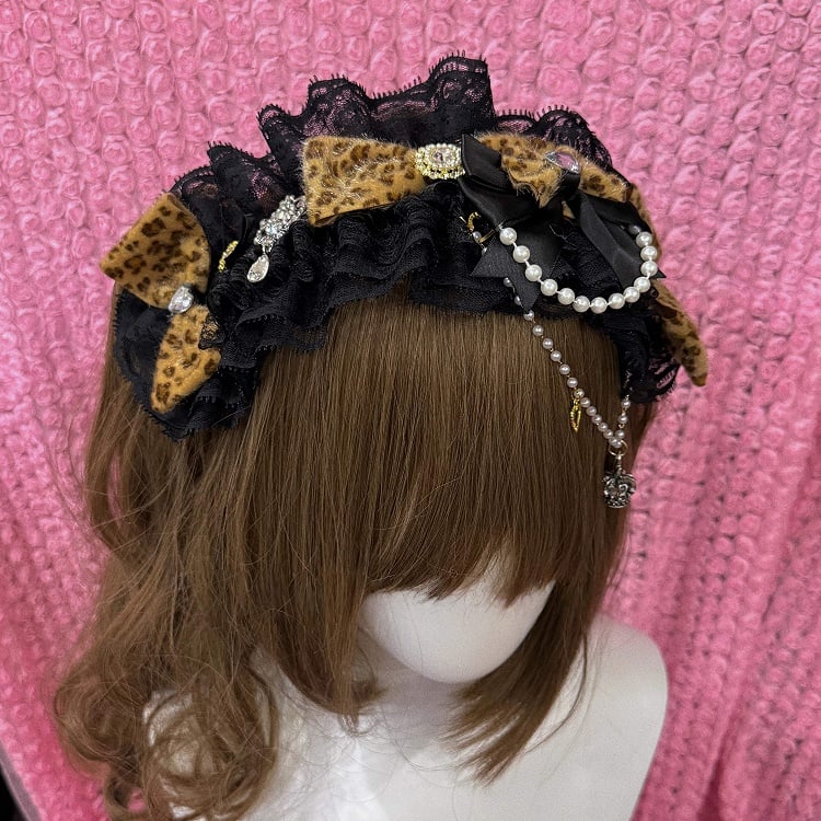 Hairband Chain Print Gyaru Pearl Lace Leopard Hime Fashion with Five-Color