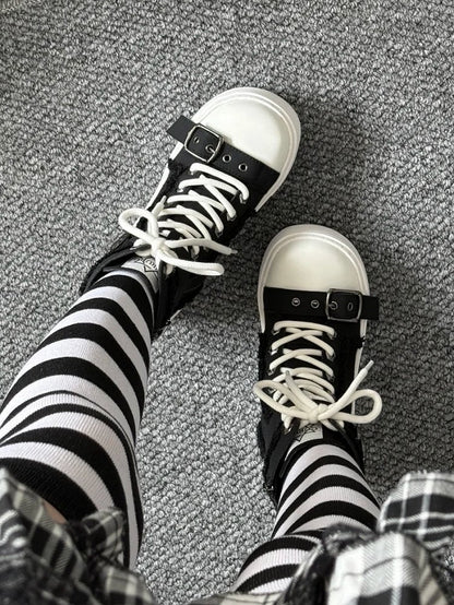 Black Boots Bullhorn Platform White Punk Sole Buckle - with Canvas