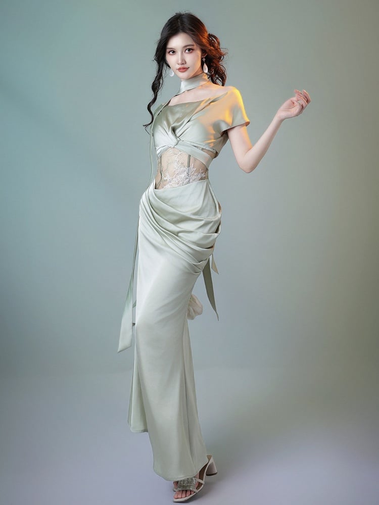 Green Satin Fish Tail Dress with Self-Tie Strap and Lace Waist - sijinstudio
