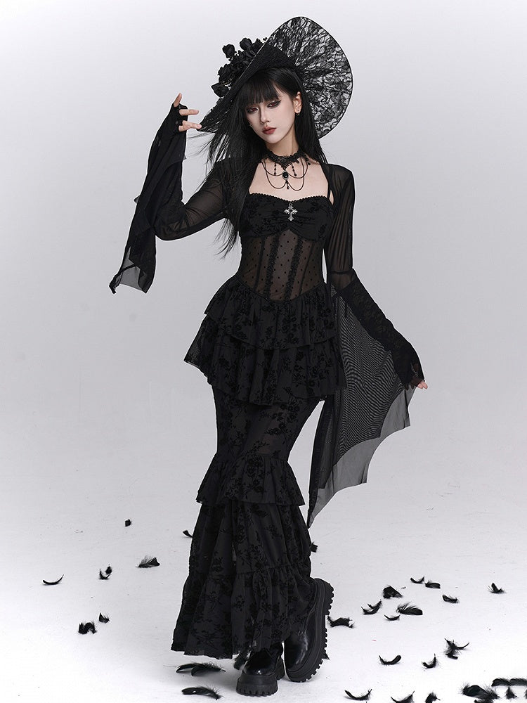 Gothic Black Mermaid Slip Dress with Polka Dot Sheer Top and Floral Embroidery Tiered Skirt - Lady Ghost