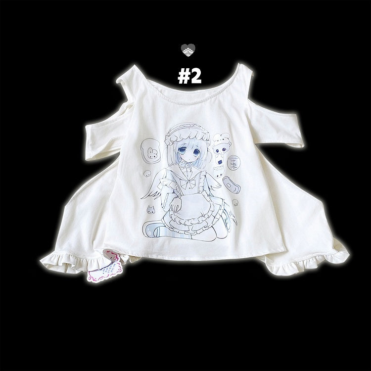 Jirai Kei T-Shirt Yami Kawaii Cartoon Print Ausschnitt Schulter Weiß