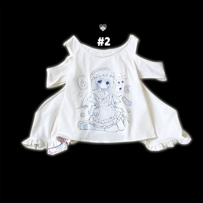 Jirai Kei T-Shirt Yami Kawaii Cartoon Print Ausschnitt Schulter Weiß
