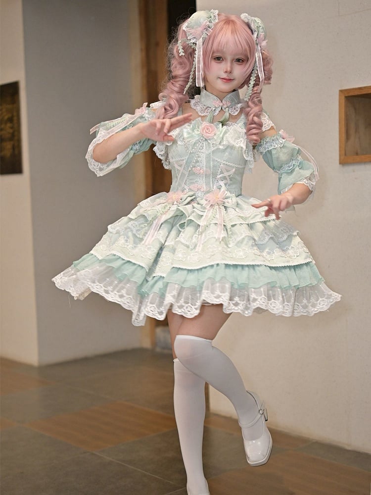 Frog Corset Chinoiserie Button Waist Layered Flower Bows Green Lolita with Dress