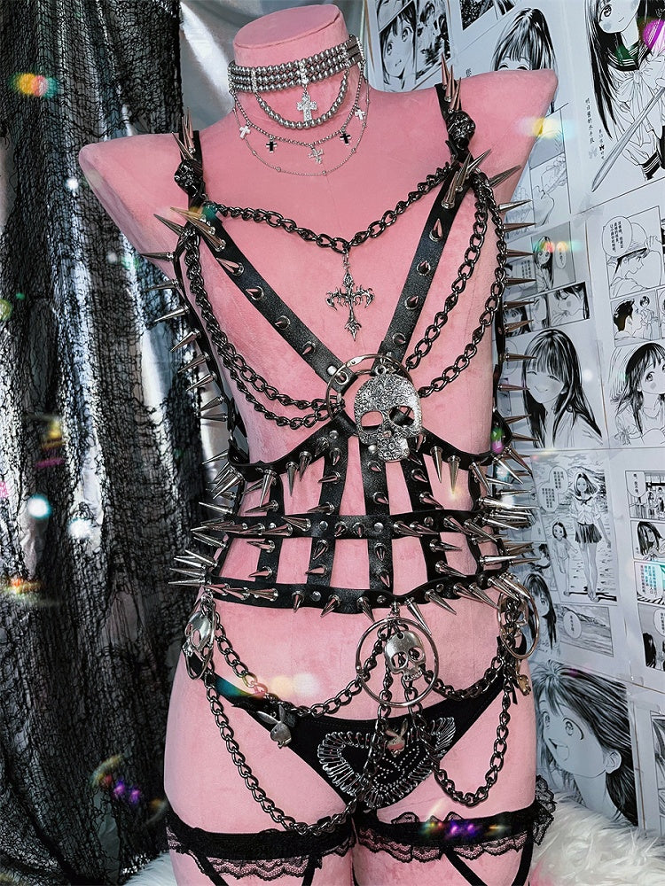 ブラックスケルトンスタッドディテールパンクPUハーネス