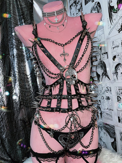 ブラックスケルトンスタッドディテールパンクPUハーネス