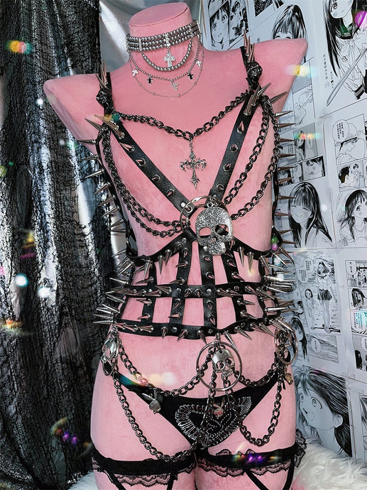 ブラックスケルトンスタッドディテールパンクPUハーネス