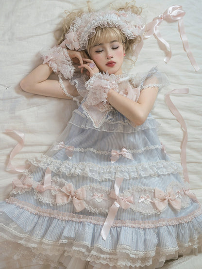 ストライプのリボン柄のスイートな装飾のドレス ロリータ ブルー ピンク