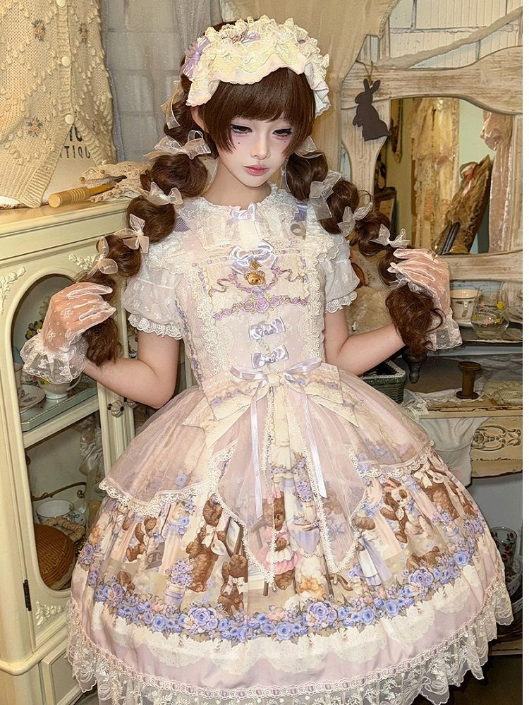 Cute Bear & Flower Pattern Sweet Purple Lolita JSK Gown - Stars Fall on the Foggy Island