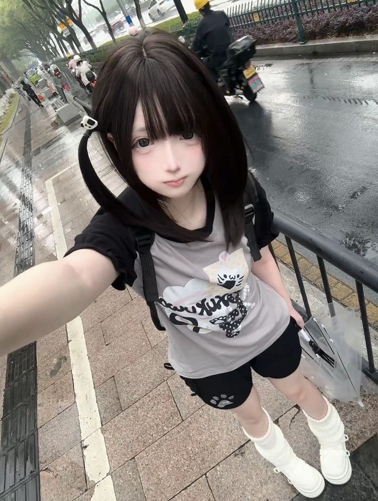 Polka Dot Kawaii Print T-Shirt Wear Kitten Gray Black Design and Colorblock Daily -